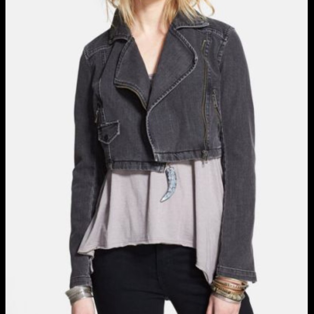 Free People Cropped Denim Moto Jacket
